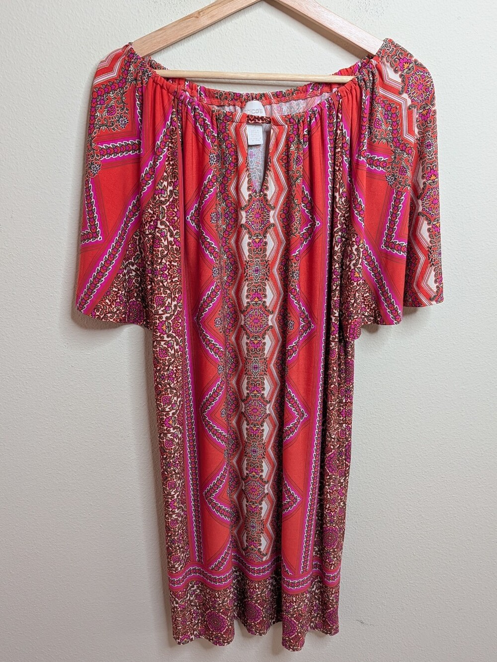 Chico's Orange Pink Medallion Print Boho Shift Dress Size 2 (L)